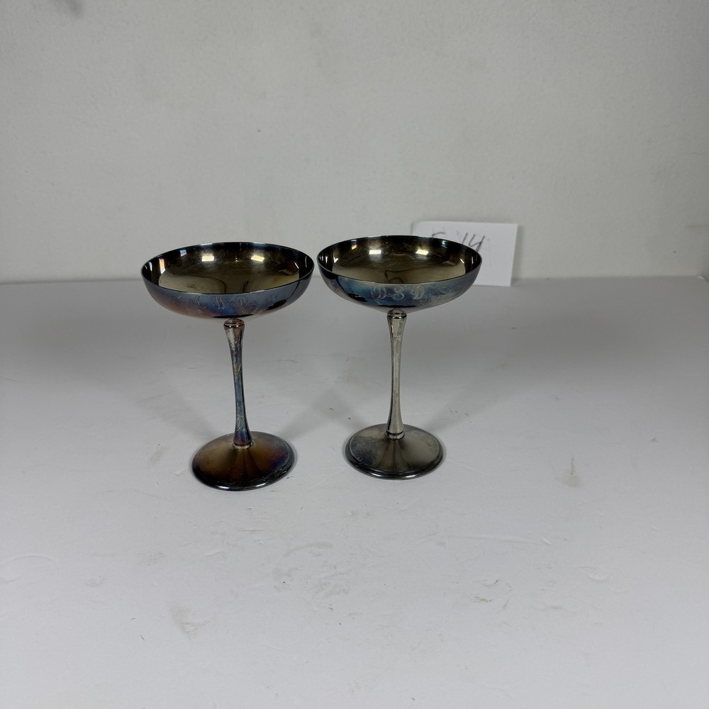 Vintage KIK Silver-Plated Champagne Coupe Glasses Set of 2 Monogrammed DSD Spain